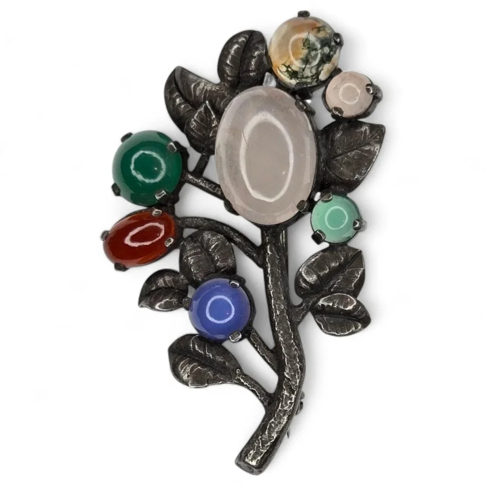 T.M. & Co. Flower Brooch Sterling Silver Multi Gemstone 1963 Vintage Hallmark